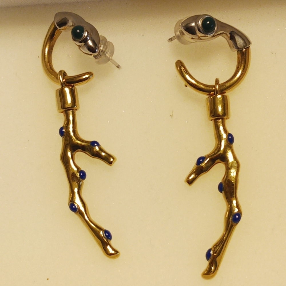 Chloe earrings in coral looking branches in silver/gold. Blue and green dots.